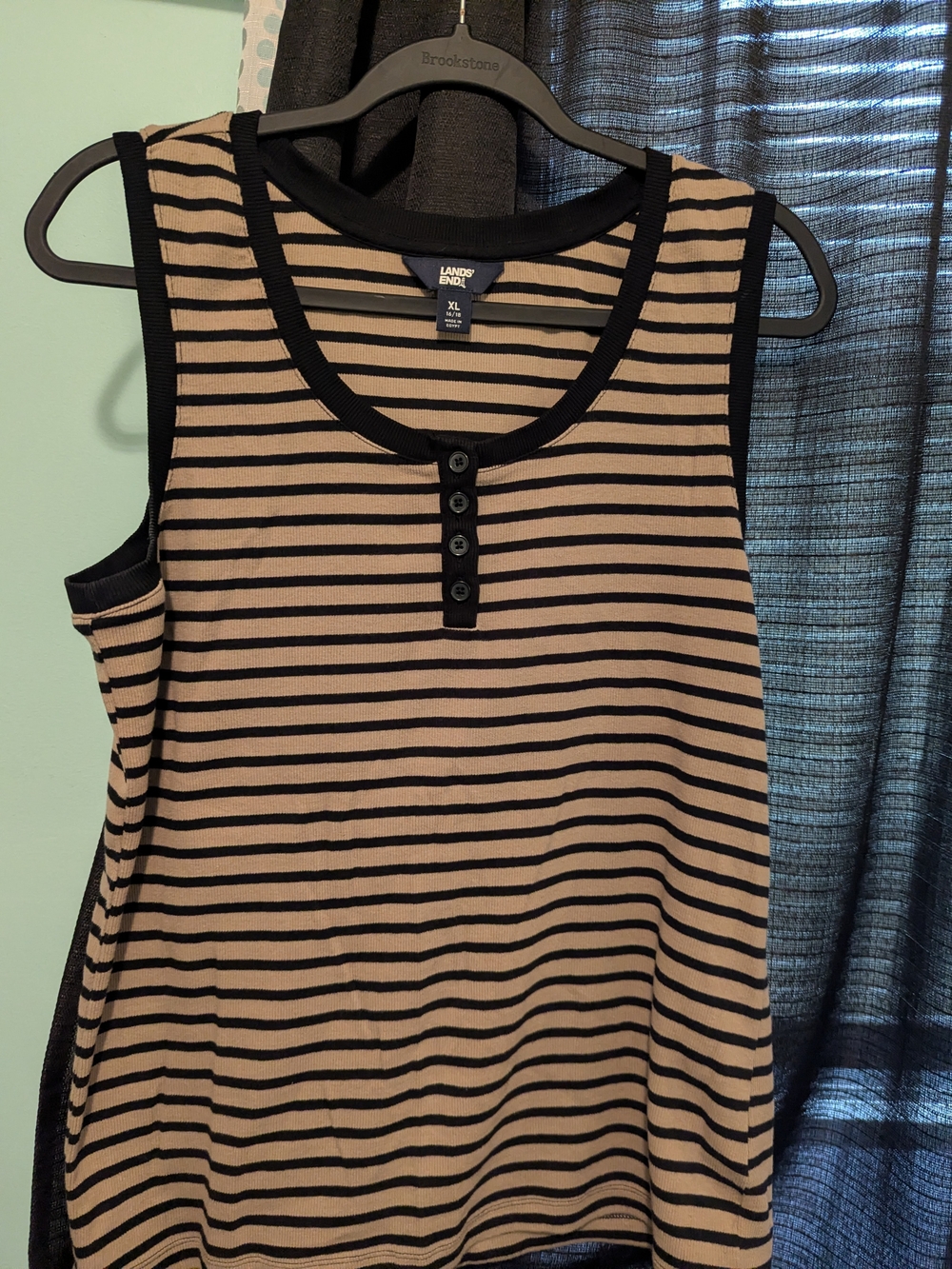Lands' End Black and Tan Striped Sleeveless Henley Tank